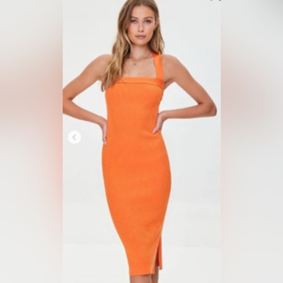 NWT Forever 21 Orange Knit Criss Cross Back Midi Dress Size 1X with Side Slit - Picture 1 of 2